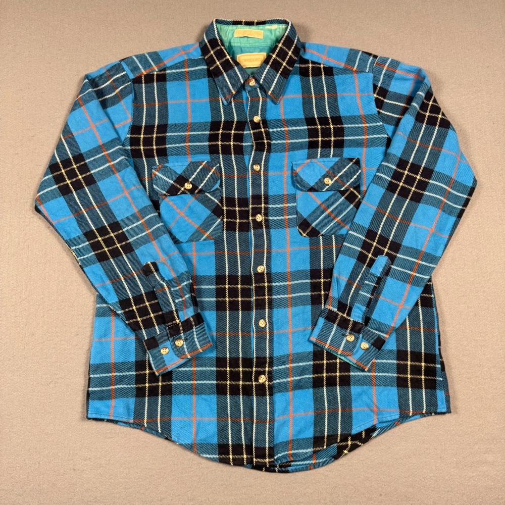Timber King Flannel Shirt Mens Medium Blue Black Plaid Acrylic Button Up Vintage